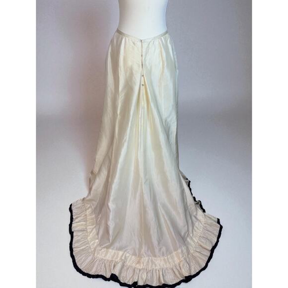 Antique Victorian Silk Skirt with Train Bustle Ivory Black Trim Ruffle Petticoat - Picture 1 of 6